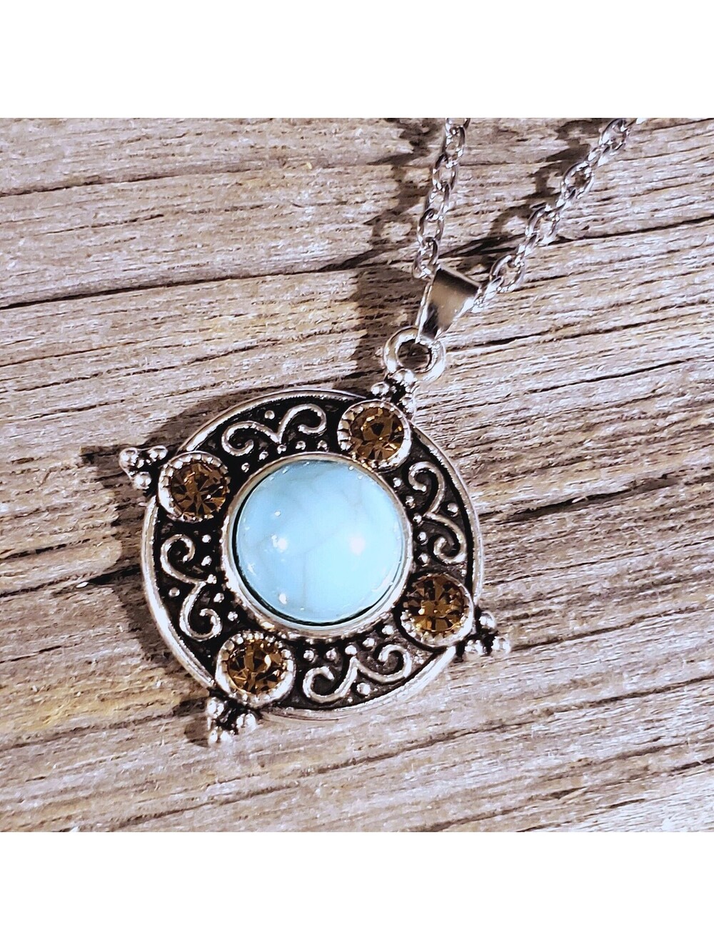 Topaz Crystal Turquoise Blue Stone Silver Chain Necklace
